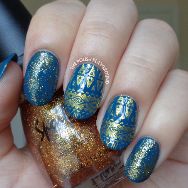 Teal with Gold Aztec Inspired Stamping Nail Art