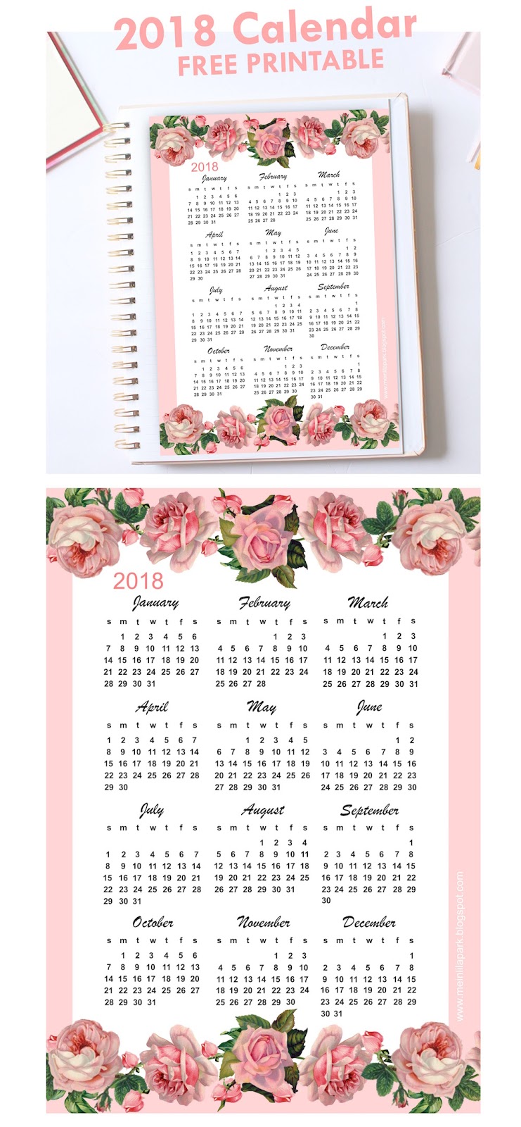 Free printable 2018 rose calendar year at a glance MeinLilaPark