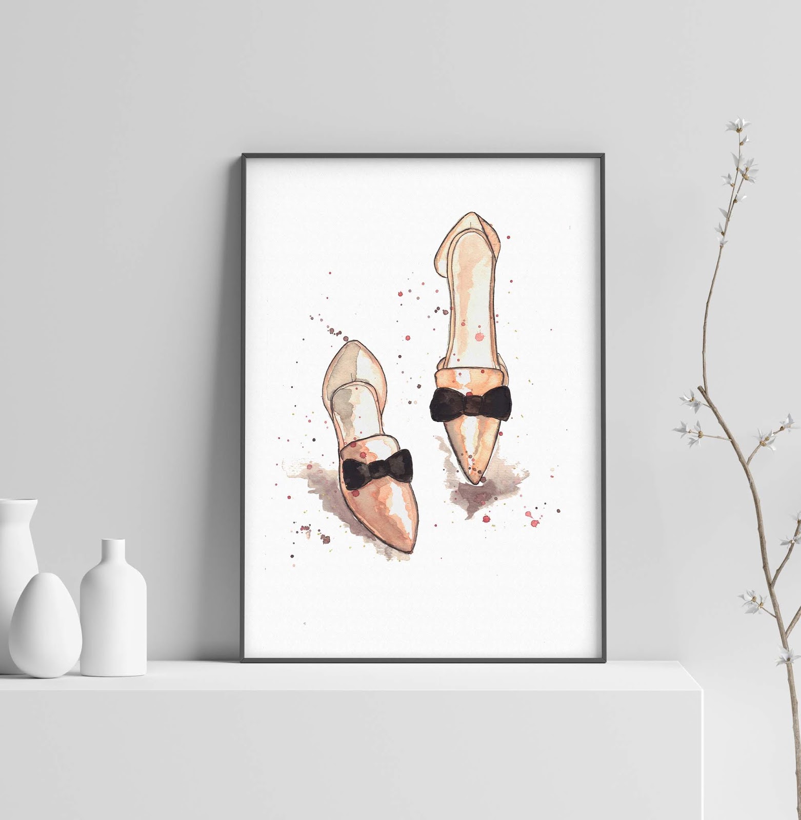 pink ballerina shoes with black bows watercolor fashion illustration by Stella Visual