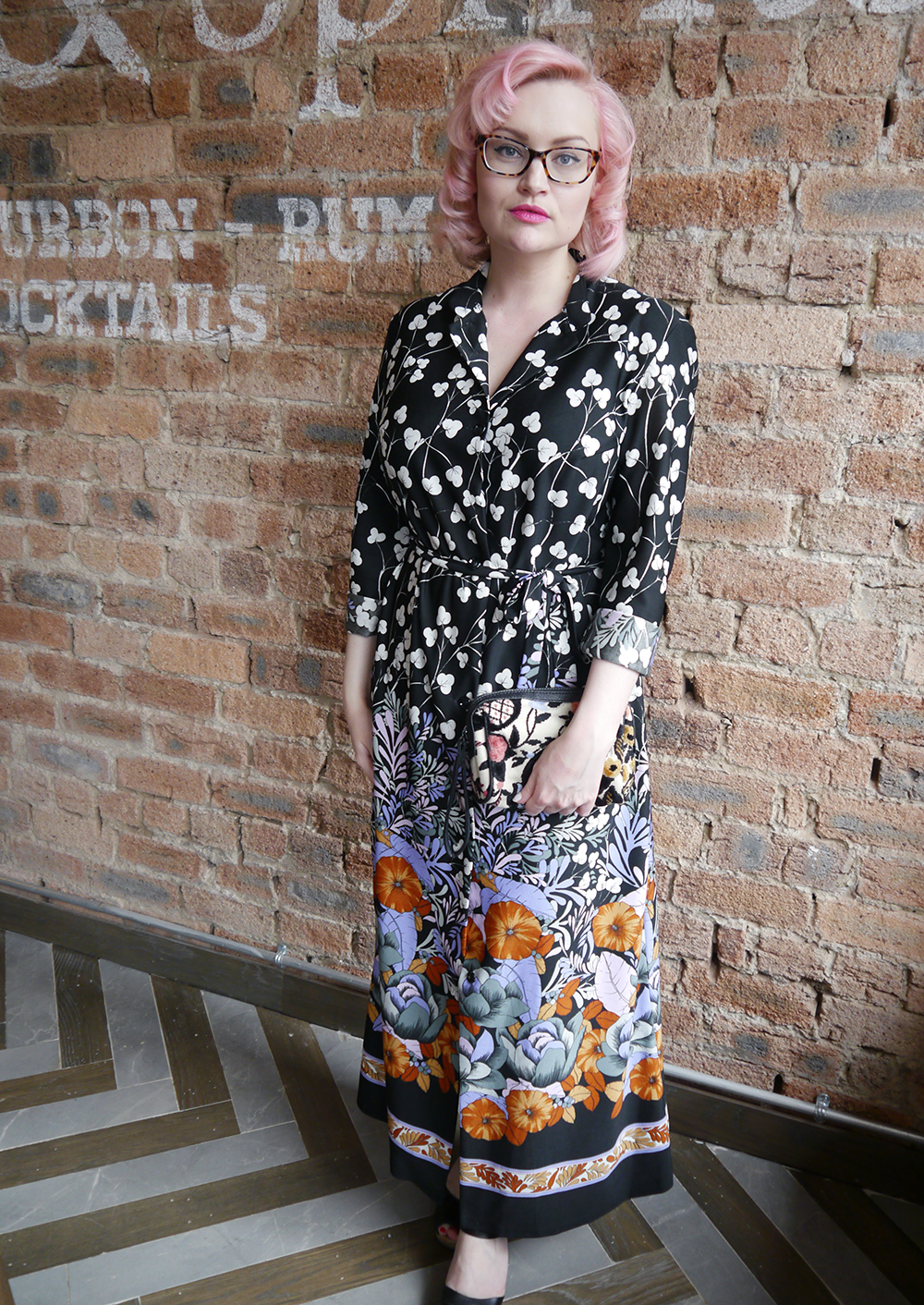 Pink hair and vintage florals at Southpour Bar, Edinburgh Wardrobe Conversations fashion blogger wearing 70s patterned maxi dress from Vintage Kilo Sale