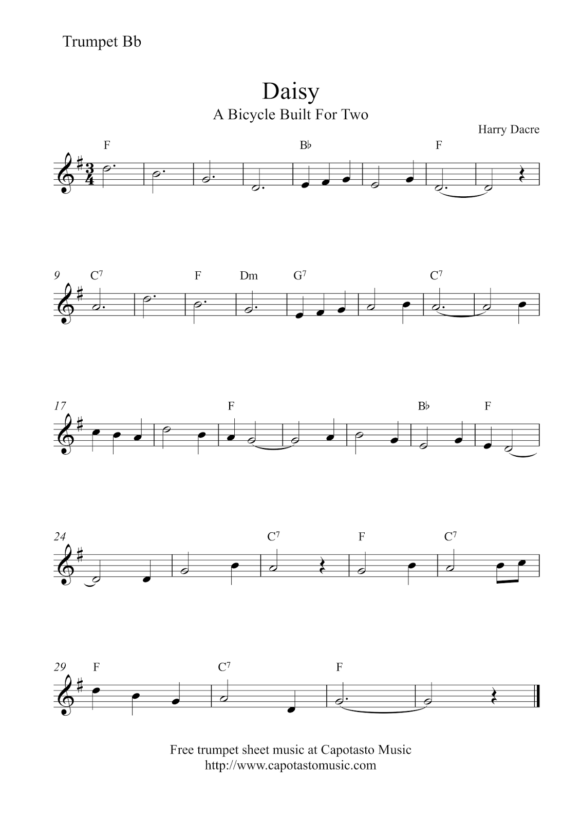 Free Printable Sheet Music Trumpet Sheet Music For Beginners A Bicycle Built For Two Daisy