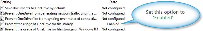 OneDrive settings within local group policy editor
