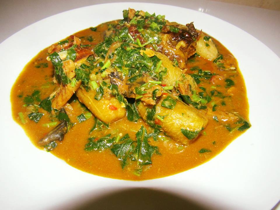 Unripe Plantain Porridge With Green Vegetables