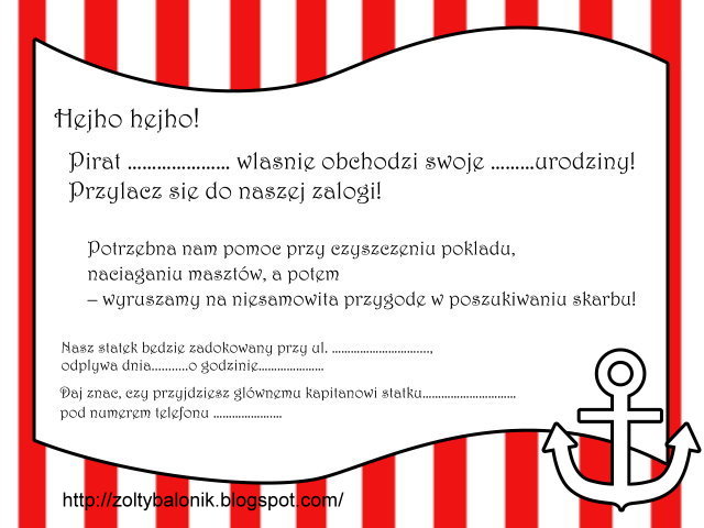 żółty Balonik Pirackie Zaproszenia Ii