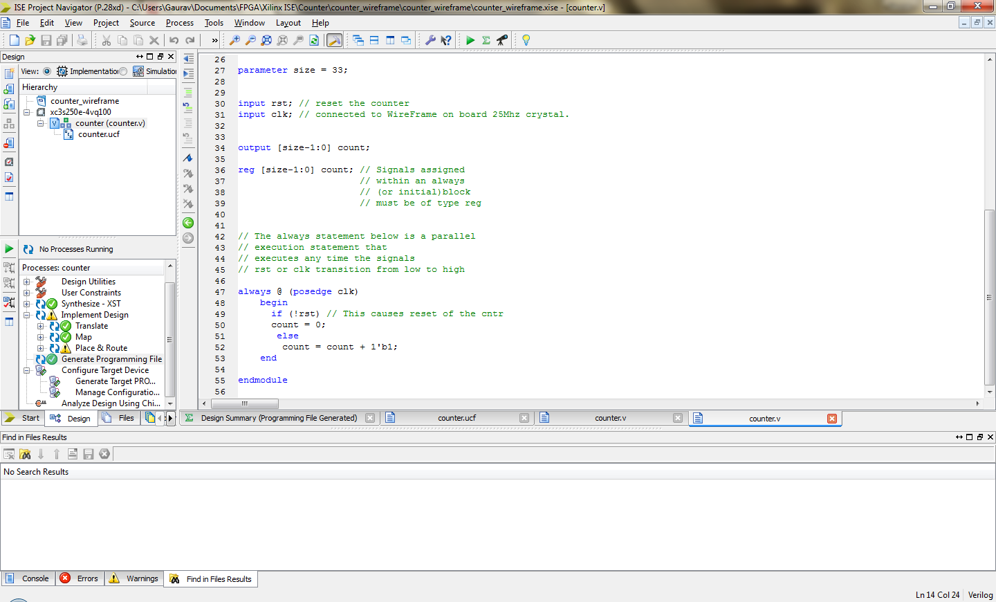 First Project with WireFrame FPGA Board LED Blinking Test Binary