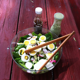 Lettuce Salad with radishes, cucumber and hard boiled eggs, accompanied by Creamy Pesto Dressing - FoyUpdate.blogspot.com