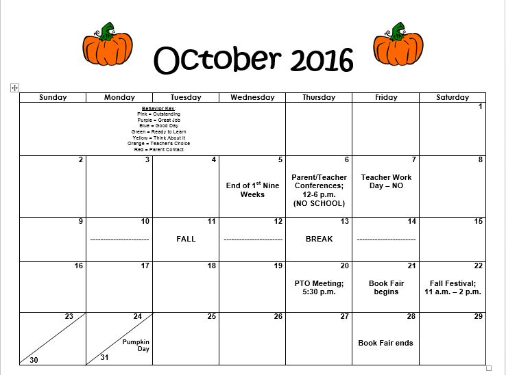 Kindergarten Heroes October Calendar 2016