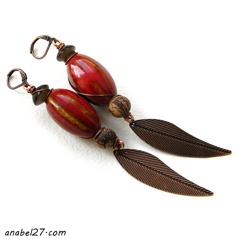 Крупные бохо / этно серьги с керамическими бусинами Extra long boho earrings - large beaded earrings with ceramic beads - ethnic dangle earrings