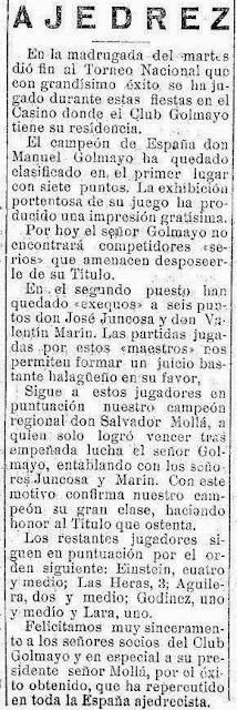 Información sobre e I Torneo Nacional de Ajedrez de Murcia 1927 en El Liberal, 28 de abril de 1927