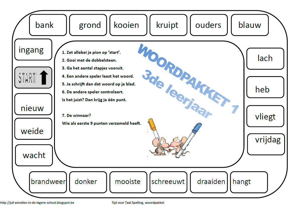 Juf Annelies in de lagere school Spelling oefenen woordzoeker en spelbord