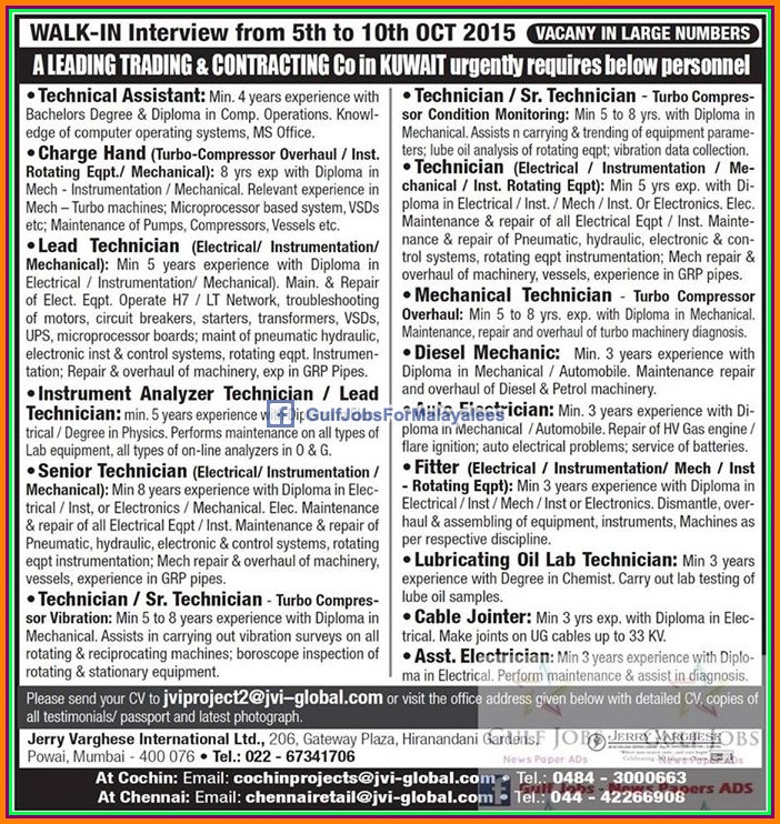 Contracting Company jobs for Kuwait Gulf Jobs for Malayalees
