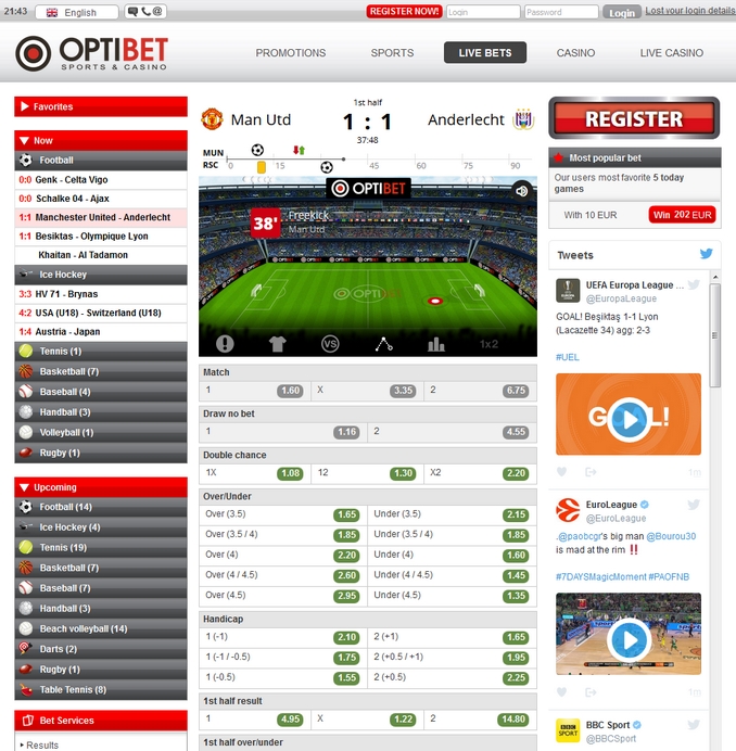 Optibet Live Betting Screen