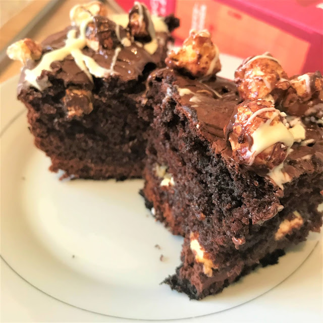 Double Chocolate Berry-Licious Popcorn Brownie Cake