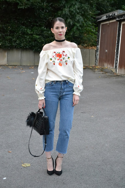 Affordable women's fashion blog, featuring vintage embroidery gypsy style off the shoulder top, Levi denim mom jeans. Black ASOS heels. Leather crocodile skin handbag from Zara