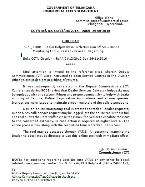 Telangana Sales Tax Dealer Help Desks Online Monitoring Tool