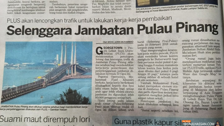 Jambatan Pulau Pinang Ditutup Setahun 22 Ogos 2017