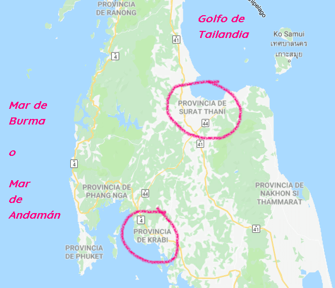 mapa zonas de playas e islas más populares de Tailandia Krabi 