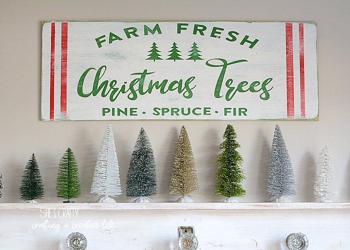 farm fresh Christmas trees sign, bottle brush trees, mantel