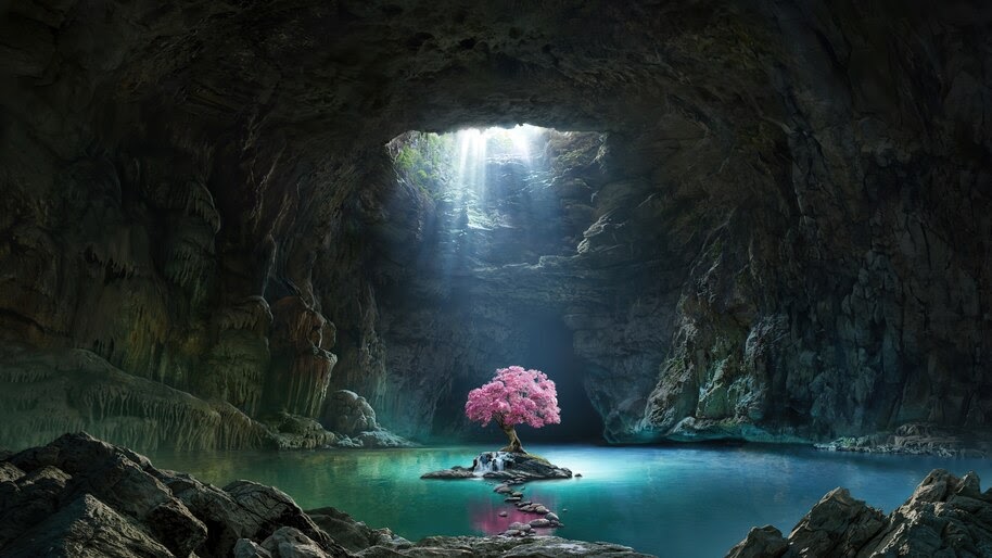 Beautiful, Cherry Blossom, Cave, Lake, Scenery, 4K, #6.446