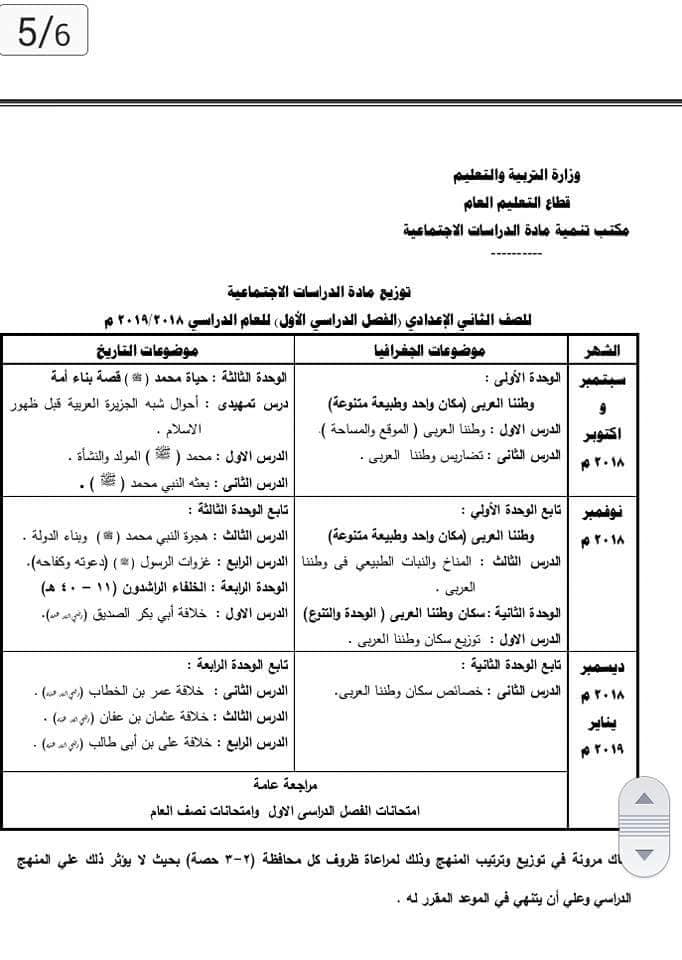 توزيع منهج الدراسات الاجتماعية للمرحلة الإعدادية الترم الأول والثانى 2018 2019