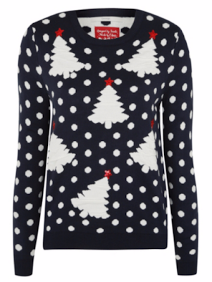Black jumper with white dots and Christmas trees
