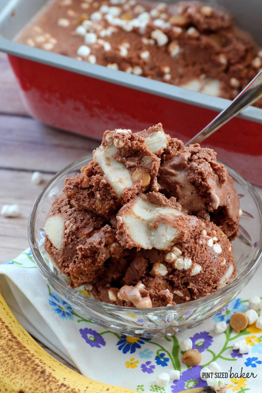 Elvis Ice Cream - Chocolate Ice Cream loaded with frozen Bananas, peanut butter chips, and mini marshmallows.