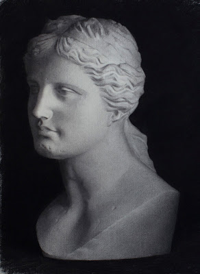 charcoal drawing of Greek woman cast by artist Emilae Belo