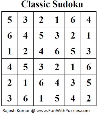 Classic Sudoku (Mini Sudoku Series #43) Solution
