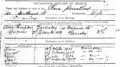 A snip from William Priestley's Descriptive Report on enlistment, it gives his next of kin, Clara his wife and lists his five, later six children.