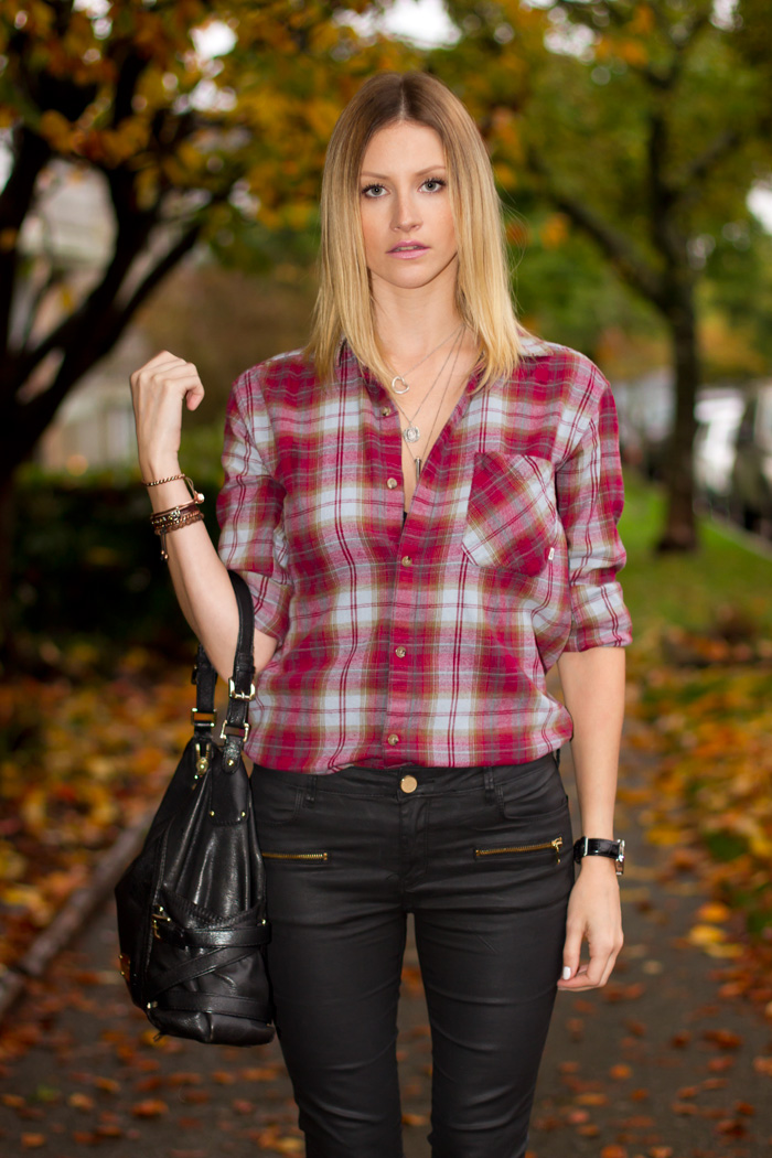 Vancouver Fashion Blogger, Alison Hutchinson, wearing Aritzia  red plaid flannel top, Zara wax coated denim pants, Zara spiked leather heels, Tiffany, La Dama and Pyrrha Necklaces, True Worth design and Givenchy Bracelets. Michael Kors Bag, and Kenneth Cole Watch