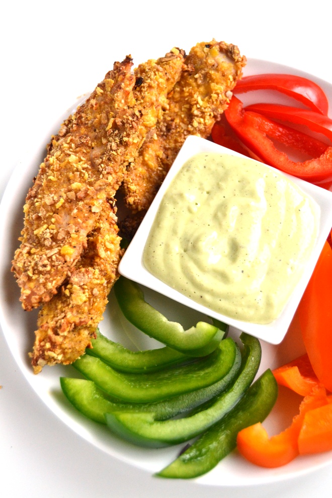 Baked Chicken Tenders with Avocado Jalapeno Dipping Sauce The