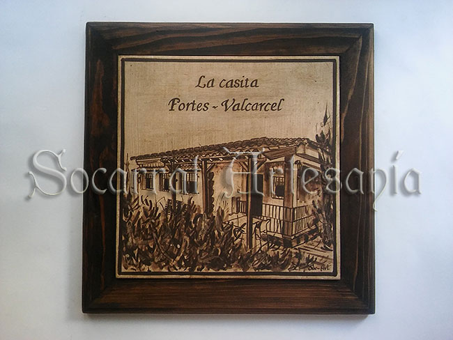 Socarrat Chalet 30x30 con enmarcación. Hecho enteramente con óxido de manganeso y aguadas este socarrat nos muestra la fachada de un chalet. Enacargo personalizado. Soc-Art. Camateu