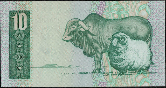 South African Money 10 Rand banknote 1978 South African merino sheep and Afrikaner bull Agriculture Livestock