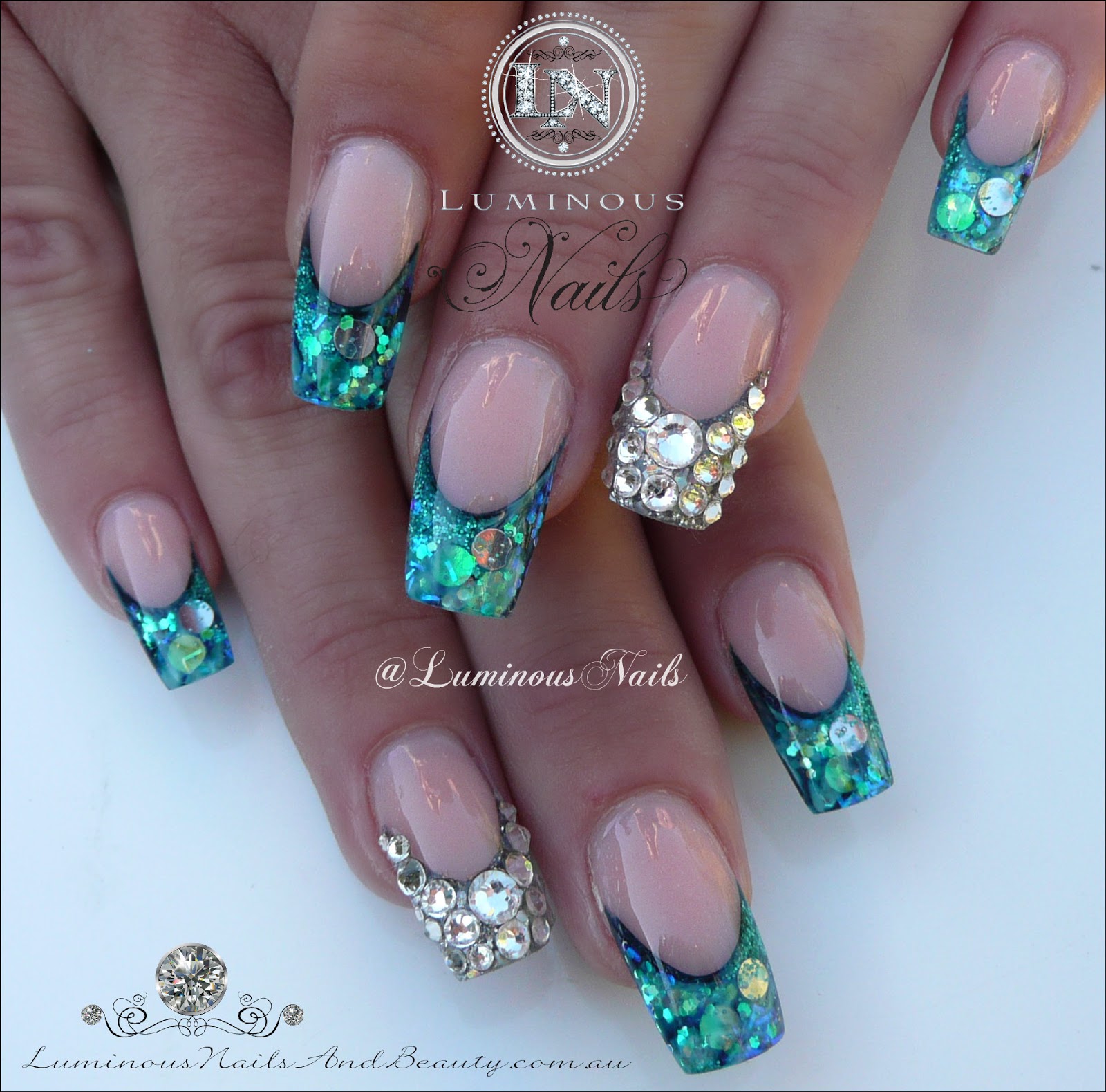 Luminous Nails: Paua Shell Nails with Swarovski Crystal Feature Nails...