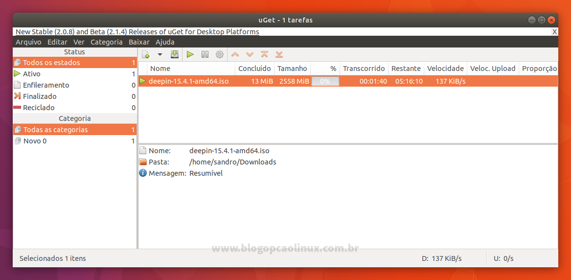 uGet executando no Ubuntu 17.10 (Artful Aardvark)