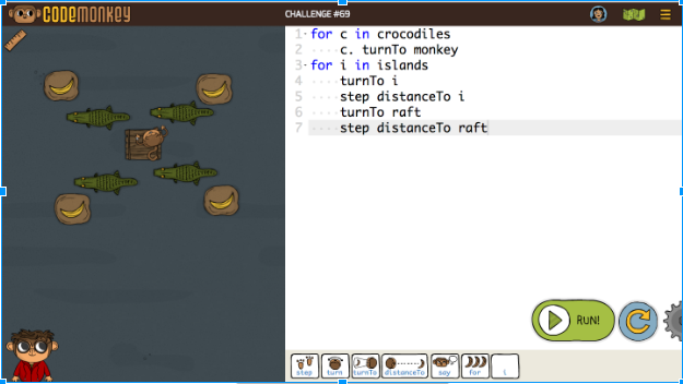 Intro to CS: Skill Builders CodeMonkey 4-13 and Challenge 69