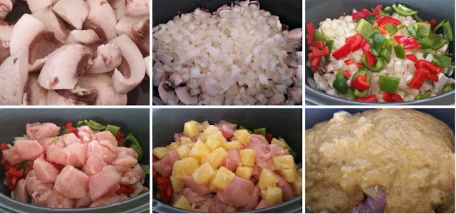 a collage of the ingredients being put in the slow cooker