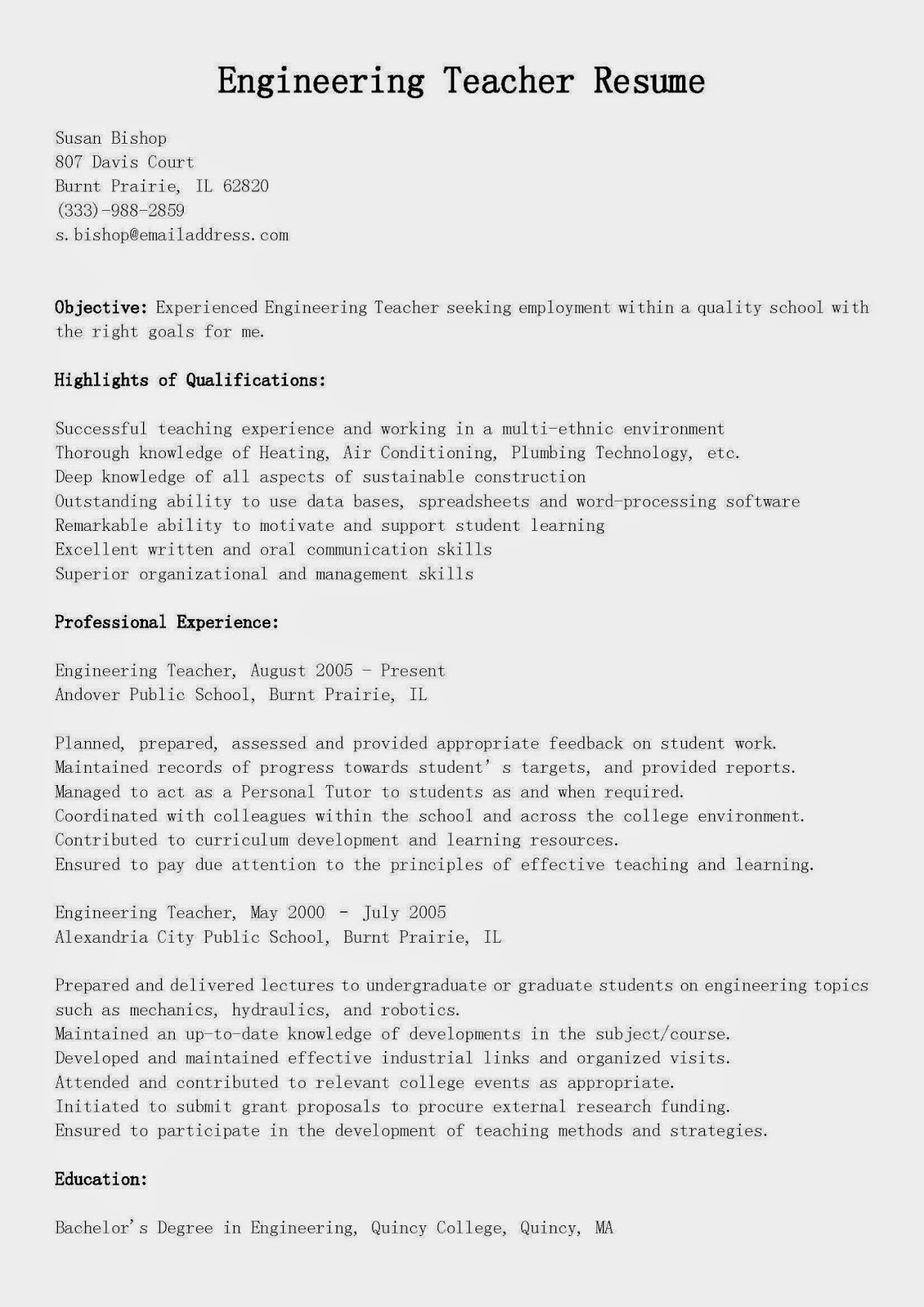 Resume Samples Engineering Teacher Resume Sample