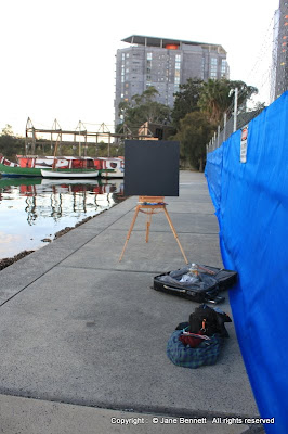 Plein air oil painting of the Anzac Bridge and Glebe Island painted by industrial heritage artist Jane Bennett