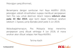Tarikh Akhir Pengeposan Pos Laju Sempena Raya Aidilfitri 2019