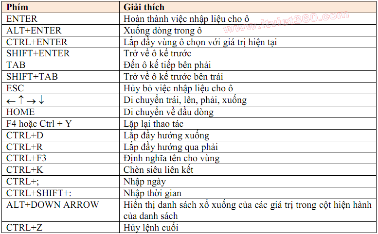 Những phím tắt thông dụng trong Excel 2003, 2007, 2010, 2013