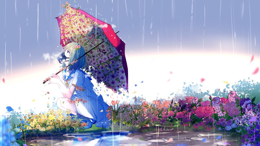 Anime Girl Flowers Gas Mask Raining Umbrella 4k Wallpaper 313