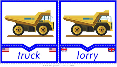 Truck and lorry printable transportation flashcards in American and British English