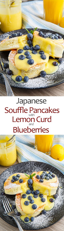 Japaese Souffle Pancakes with Lemon Curd and Blueberries