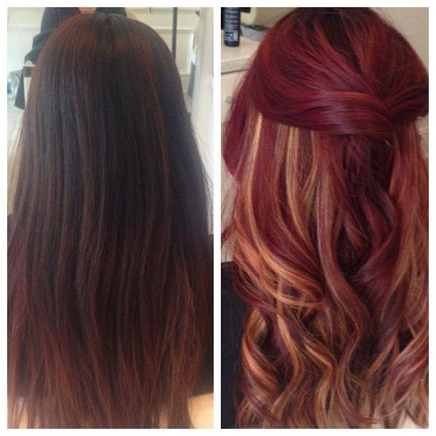 Before & After Velvet Red with peek-a-boo highlights
