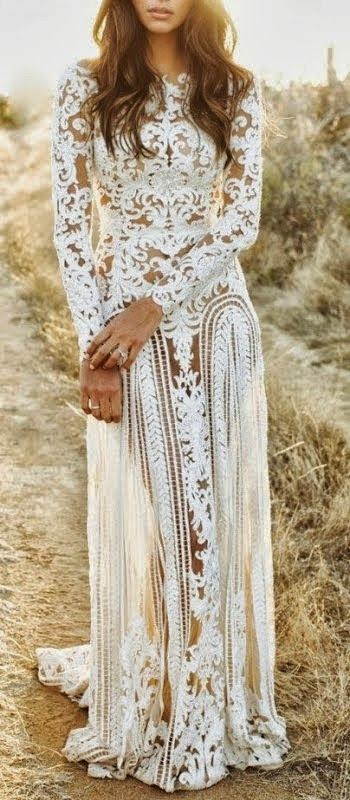 Charming Long White Bohemian Lace Dress | Weddings zone