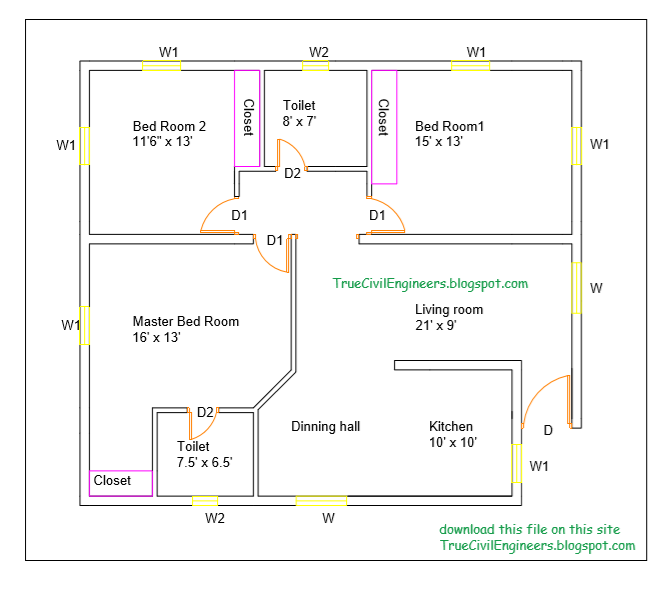 3BHK residential building line plan and its details with DWG file