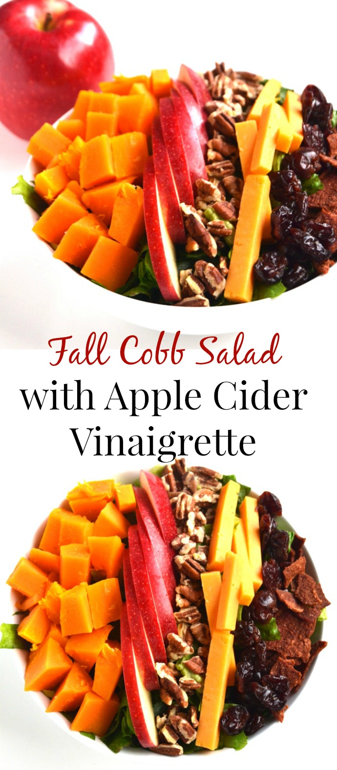 Fall Cobb Salad with Apple Cider Vinaigrette is loaded with roasted butternut squash, dried cherries, apples, pecans, bacon and cheddar for a delicious and hearty salad! www.nutritionistreviews.com