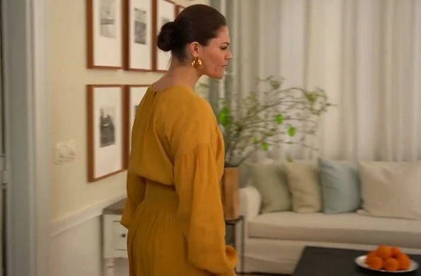 Crown Princess Victoria wore Rodebjer Roma dress, skirt and blouse, and Sophie by Sophie gold earrings