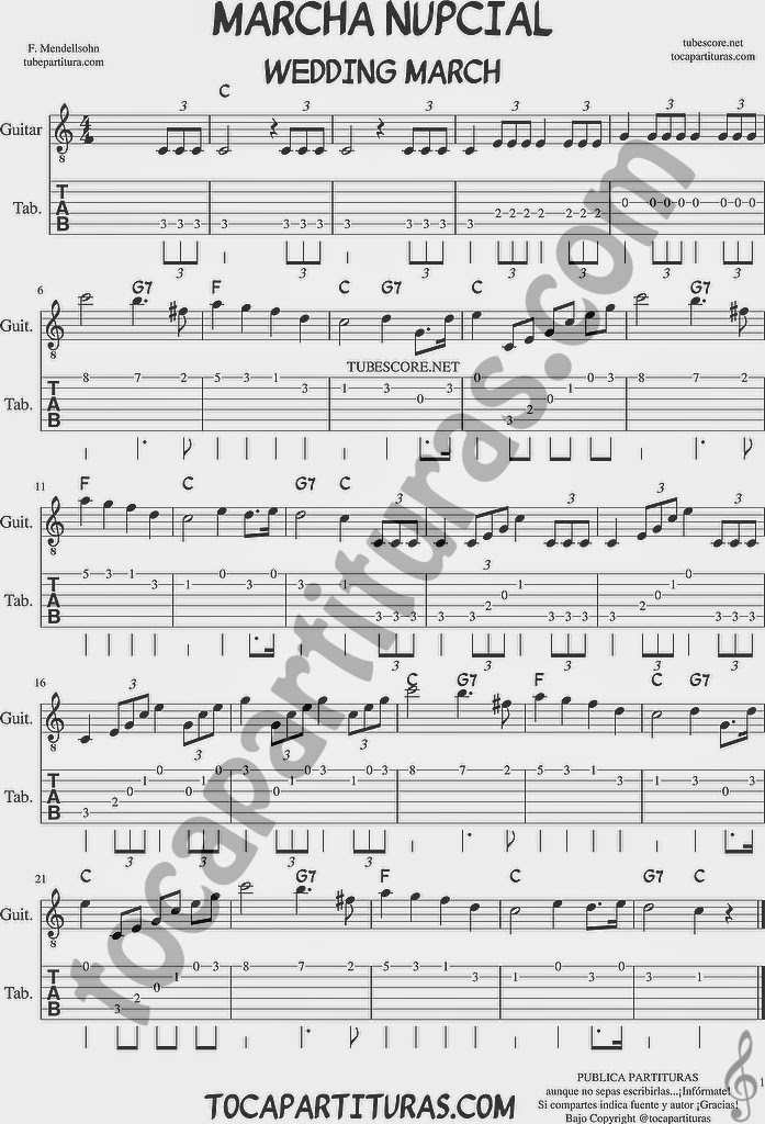 Marcha Nupcial Tablatura y Partituras del Punteo de Guitarra con acordes Tabs sheet music for easy guitar Tablature with chords Wedding March by Mendelssohn en Do mayor / C